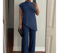 Ensemble 2 pièces avec Top texturé à col montant et manches courtes et bas asymétrique, couleur unie, grande taille 0XL,1XL,2XL,3XL,4XLUnicoloreTissu tissé
