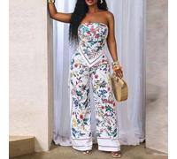 Ensemble 2 pièces BamGleam : Top asymétrique imprimé floral à coupe ultra avec suspenders, pantalon ultra large et ultra long, idéal pour les vacances d'été et à la plage - Modèle C L,M,S,XLÉtoffe