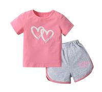 Ensemble 2 Pièces Bébé Fille Haut Manches Courtes Imprimé Cœur avec Short Décontracté Vêtements d'Été Léger et Confortable pour Enfant DéGuisement AnnéE 2000 Costume 10 Ans Carnaval 12-14 Gym