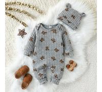 Ensemble 2 pièces bébé unisexe : body à manches longues avec imprimé ours en tissu côtelé et chapeau avec oreilles d'ours 3D, tenue automne/hiver pour bébé/tout-petit, convient pour casual, extérieur,