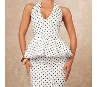 Ensemble 2 pièces blanc à pois noirs, élégant pour thé d'été, top à col V et licou avec volant, jupe sirène moulante, pour bal de promo, banquet et soirée de gala pour femmes L,M,S,XL,XS,XXL,XXS,XXXL,