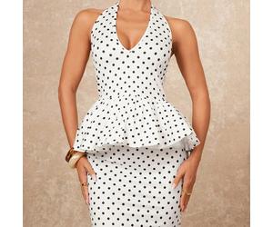 Ensemble 2 pièces blanc à pois noirs, élégant pour thé d'été, top à col V et licou avec volant, jupe sirène moulante, pour bal de promo, banquet et soirée de gala pour femmes L,M,S,XL,XS,XXL,XXS,XXXL,