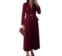 Ensemble 2 Pièces Blazer à Revers Et Jupe Longue Plissée Pour Femme Avec Ceinture Assortie, Ensemble Jupe 2 Pièces Pour Femme, Ensemble Blazer à Boutons à Col En V Et Jupe Longue Plissée (Vin rouge,S)