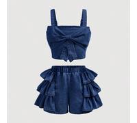 Ensemble 2 pièces bohème d'été pour préadolescentes, top décoré d'un grand nœud papillon en jean délavé clair et short en jean à volants, tenue de vacances, de concert d'été, de festival casual, de br