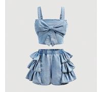 Ensemble 2 pièces bohème d'été pour préadolescentes, top décoré d'un gros nœud papillon en jean délavé clair et short en jean à volants, tenue de vacances, de concert d'été ou de brunch, idéal pour la