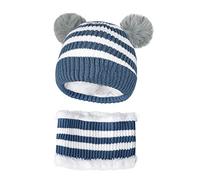 Ensemble 2 Pièces Bonnet Tricoté avec Tour de Cou pour Bébé 3-24 Mois Chapeau d'Hiver Chaud avec Pompon et Écharpe pour Fille Garçon Bonnet Cache-cou Set Bleu