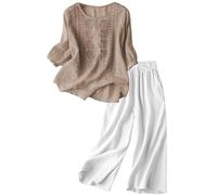 Ensemble 2 PièCes Brodé Femme - Haut + Pantalon en Lin - Motifs Artisanaux - Coupe Fluide - ÉLéGance BohèMe - Tissu ThermoréGulateur - IdéAl Mariage/Vacances