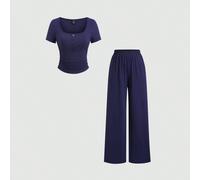 Ensemble 2 pièces casual tout-aller pour femmes, top à col carré boutonné à manches courtes ajusté et pantalon droit à taille élastique L,M,S,XSUnicoloreTissu tricoté