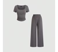 Ensemble 2 pièces casual tout-aller pour femmes, top à col carré nervuré et manches courtes boutonnées, pantalon droit à taille élastique L,M,S,XSUnicoloreTissu tricoté