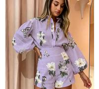 Ensemble 2 pièces Chemise à manches lanternes imprimé floral violet & Short taille mi-haute, tenue décontractée en lin style européen & américain pour vacances toutes saisons L,M,S,XL,XXLImprimés aléa