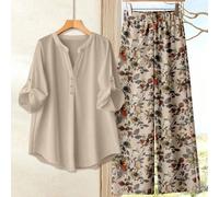 Ensemble 2 pièces chemise à manches longues abricot minimaliste décontractée et pantalon imprimé, convient pour le début du printemps, le printemps/été, polyvalent pour le bureau, les voyages, les loi