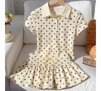 Ensemble 2 pièces chemise polo à boutons avec imprimé pois et jupe mini taille nouée, à la mode pour femmes L,M,S,XSPoisÉtoffe