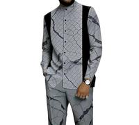 Ensemble 2 Pièces Chemises Bowling et Pantalons pour Hommes Tenues de Loungewear Imprimé Géométrique Manches Longues Boutonnage Chemise Ensembles