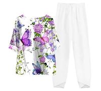 Ensemble 2 Pièces Coton Lin Été Ensembles de Pyjama Femme Ensemble Grande Taille Haut et Pantalon Décontracté Chic Imprimé Floral Manches Courtes Détente Léger Respirant Pas Cher 2025 Soldes