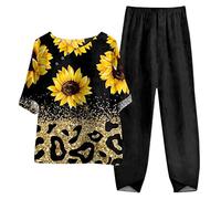 Ensemble 2 Pièces Coton Lin Été Ensembles de Pyjama Femme Ensemble Grande Taille Haut et Pantalon Décontracté Chic Imprimé Floral Manches Courtes Détente Léger Respirant Pas Cher 2025 Soldes