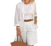Ensemble 2 Pièces Coton Lin Tailleur Set Léger Blazer d'Été et Bermuda Shorts Tenue Décontractée Coupe Large Short PantsSet pour Bureau