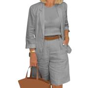Ensemble 2 Pièces Coton Lin Tailleur Set Léger Blazer d'Été et Bermuda Shorts Tenue Décontractée Coupe Large Short PantsSet pour Bureau