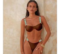 Ensemble 2 pièces de débardeur court et string bikini réglable en tissu brillant minimaliste à bretelles. Tenue de plage pour vacances L,M,S,XLUnicoloreÉtoffe