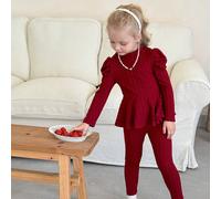 Ensemble 2 pièces de jeune fille LMoss - Haut en tricot unicolore col rond à manches gigot et pantalon décontracté ajusté, pour automne/hiver et Noël 6Y,7Y,4Y,5YUnicoloreTissu tricoté