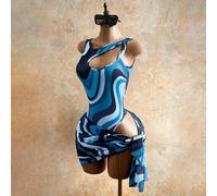 Ensemble 2 pièces de maillot de bain sexy à blocs de couleurs, body bikini asymétrique à découpes ondulées avec jupe transparente imprimée, tenue de plage amincissante pour vacances, style blogueuse, 