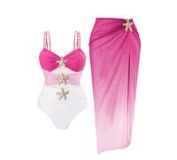 Ensemble 2 pièces de maillot de bain une-pièce et jupe grande taille, décoration en métal multicolore en forme d'étoile de mer, design minimaliste, tenue d'été pour femmes en vacances à la plage à Ibi
