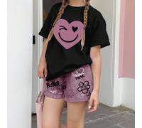 Ensemble 2 pièces de style décontracté, t-shirt à manches courtes et short, imprimé graffiti avec cœurs et visages, pour filles préadolescentes, style minimaliste, adapté pour l'été 8Y,9Y,10Y,11Y,12YC