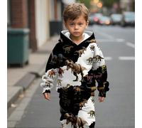 Ensemble 2 pièces de sweat-shirt à capuche ample et confortable à manches longues avec imprimé 3D de dinosaure, Tyrannosaure Rex, noir et blanc, texture réaliste. Encyclopédie des dinosaures pour jeun