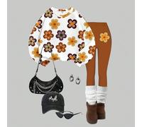 Ensemble 2 pièces de sweat-shirt à col ras du cou à manches longues et de leggings, style jeune fille décontracté pour la saison cocooning Y2K. Style Mori girl rétro et doux, imprimé floral texturé, l