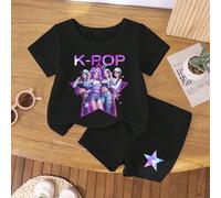 Ensemble 2 pièces de t-shirt court et short de vélo, style décontracté et créatif. Imprimé de personnage de groupe virtuel féminin minimaliste rafraîchissant, étoile pentagramme violet lumineux et slo