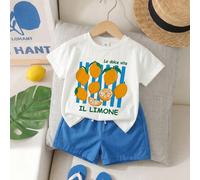 Ensemble 2 pièces de t-shirt pour garçons tout-petits, motif rayures fruits mignon mode polyvalent basique style pastoral vacances campagnard style japonais et coréen, ensemble 2 pièces, t-shirt à man
