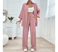 Ensemble 2 pièces de taille petite pour femme, couleur rose poudré unicolore. Top à manches longues avec boutons devant et pantalon long avec lien devant, style minimaliste Petite XS,Petite S,Petite M