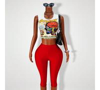 Ensemble 2 pièces débardeur imprimé sexy Y2K + pantalon skinny brillant et stretch, Ensemble 2 pièces top court imprimé cerveau œuvre de rue + pantalon tricoté amincissant les fesses pêche, Tenue de f