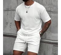 Ensemble 2 pièces décontracté d'été blanc pour hommes, T-shirt à manches courtes en maille gaufrée texturée & short à cordon de serrage, tenues de streetwear pour vacances en ville, style Old Money L,
