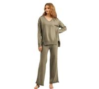 Ensemble 2 pièces décontracté en tricot uni pour femme - Taille haute - Pantalon large - Col en V - Manches longues, kaki, M