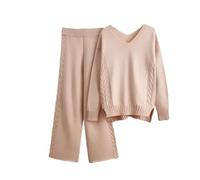 Ensemble 2 pièces décontracté en tricot uni pour femme - Taille haute - Pantalon large - Col en V - Manches longues, 127, M