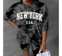 Ensemble 2 pièces décontracté minimaliste avec motif tie-dye et lettrage New York, grande taille, adapté pour l'été 0XL,1XL,2XL,3XL,4XLTie dyeTissu tricoté