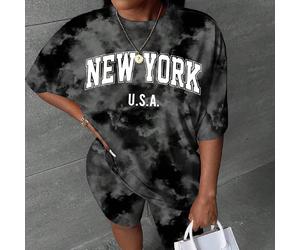 Ensemble 2 pièces décontracté minimaliste avec motif tie-dye et lettrage New York, grande taille, adapté pour l'été 0XL,1XL,2XL,3XL,4XLTie dyeTissu tricoté