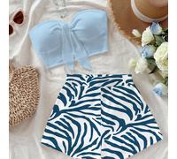 Ensemble 2 pièces décontracté pour femmes avec Top bandeau unicolore et short à imprimé all-over L,M,S,XSPlantesTissu tricoté