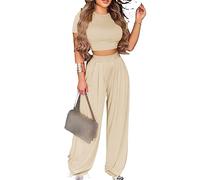 Ensemble 2 Pièces Décontracté pour Femmes Ensemble Chemise à Manches Courtes et Pantalon Large Vêtements de Vacances Tendance pour L'été (Color : Beige, Size : L)
