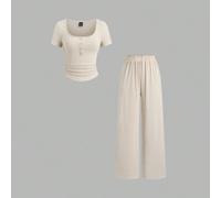 Ensemble 2 pièces décontracté tout-aller pour femmes - Top côtelé à manches courtes avec boutons, col carré et pantalon droit à taille élastique L,M,S,XSUnicoloreTissu tricoté