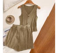 Ensemble 2 pièces décontracté vintage pour femmes, vacances à la maison, printemps-été, motif flocon de neige lavé, gilet à boutons et short, nuances de marron, tenue d'intérieur quotidienne L,M,S,XL,