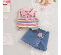 Ensemble 2 pièces d'été doux pour bébé fille, débardeur sans manches à col POLO rose rayé côtelé avec ornement de fleur crochetée 3D, associé à un short en jean à volants ondulés avec décoration flora