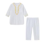 Ensemble 2 Pieces Djellaba Enfant Garçon + Pantalon Priere Islamique Qamis Enfant Garcon de Ramadan Caftan Garcons Manches Longues Djellaba Enfants Robe Musulmane Qamis Robe de Priere Abaya Enfants