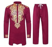 Ensemble 2 Pièces Djellaba Homme Marocaine Musulman Priere Islamique + Pantalon Taille Elastique Qamis Homme Col Montant Chemise Manches Longues de Ramadan Robe Kamis Abaya Dubai Jelaba Kaftan Caftan