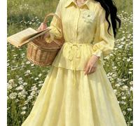 Ensemble 2 pièces élégant de style cottage : blouse à manches lanternes plissées et jupe évasée à taille élastique, en jaune pâle avec fleurs 3D. Pour femmes, pique-nique, vacances d'été L,M,S,XL,XS,X