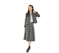 Ensemble 2 pièces élégant en tweed pour femme, vestes courtes, jupes plissées à taille élastique, Noir , S