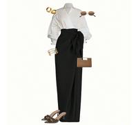 Ensemble 2 pièces élégant femme, Top manches longues blanc avec nœud et jupe noire. Style français. Ensemble jupe et ceinture. Tenue de deuil pour femme. Tenue élégante pour femme. Robe de travail pou