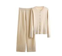 Ensemble 2 pièces élégant pour femme avec pantalon taille haute et jambes larges, cardigan coréen à col rond, beige, M