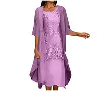 Ensemble 2 pièces élégant pour femme - Grande taille - Robe de soirée de cocktail + cardigan à manches longues en dentelle ajourée, Violet 1, M