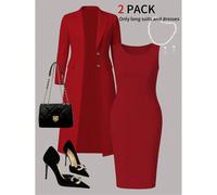Ensemble 2 pièces élégant pour femmes grandes tailles, cardigan long minimaliste de couleur unie polyvalent + robe fourreau mi-longue sans manches, convient pour le travail et le port quotidien, autom